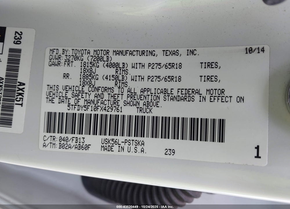 2015 TOYOTA TUNDRA SR5 5.7L V8 VIN: 5TFDY5F10FX429761