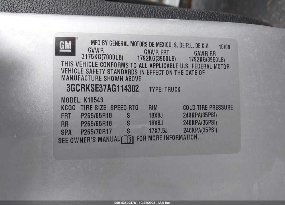 2010 CHEVROLET SILVERADO 1500 LT VIN: 3GCRKSE37AG114302