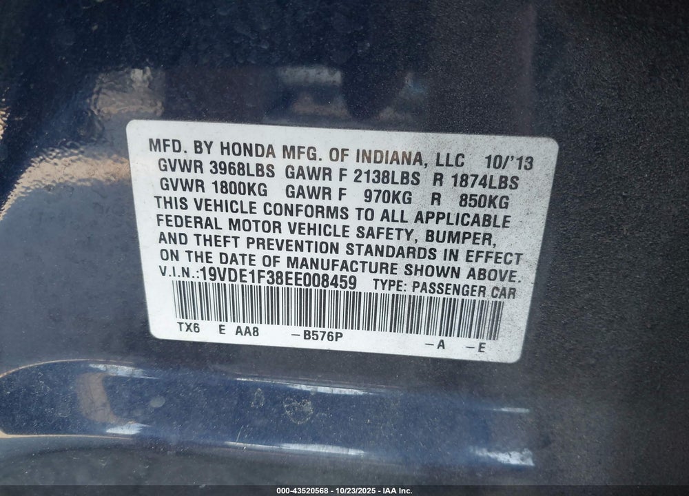 2014 ACURA ILX 2.0L VIN: 19VDE1F38EE008459