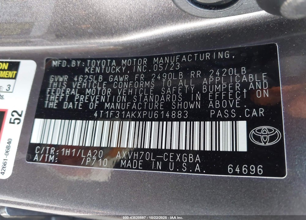 2023 TOYOTA CAMRY XLE HYBRID VIN: 4T1F31AKXPU614883