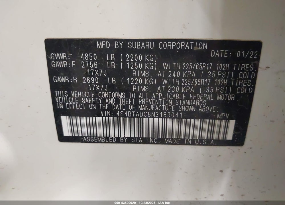2022 SUBARU OUTBACK PREMIUM VIN: 4S4BTADC8N3189041