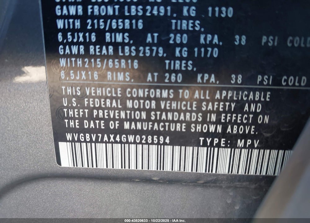 2016 VOLKSWAGEN TIGUAN S VIN: WVGBV7AX4GW028594
