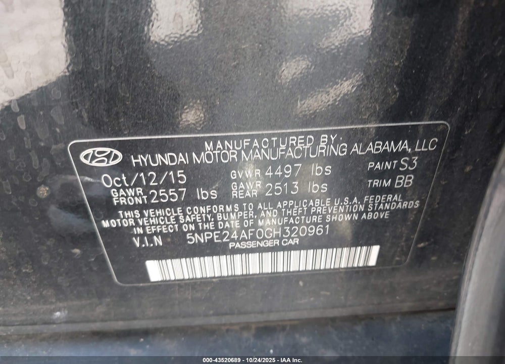 2016 HYUNDAI SONATA SE VIN: 5NPE24AF0GH320961