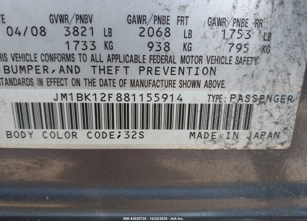 2008 MAZDA 3 VIN: JM1BK12F881155914
