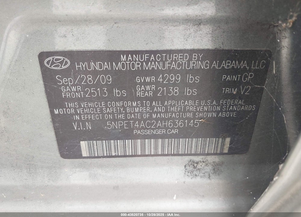 2010 HYUNDAI SONATA GLS VIN: 5NPET4AC2AH636145