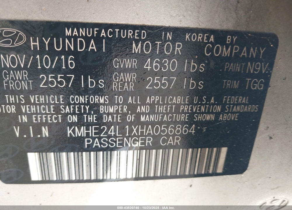 2017 HYUNDAI SONATA HYBRID VIN: KMHE24L1XHA056864