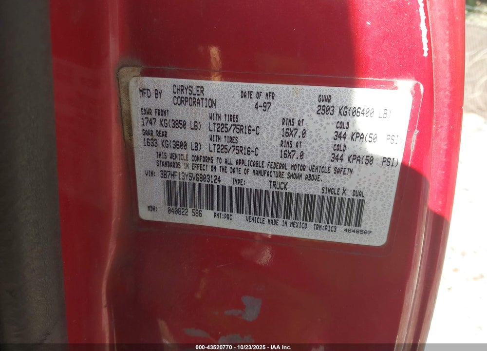 1997 DODGE RAM 1500 ST VIN: 3B7HF13Y5VG803124