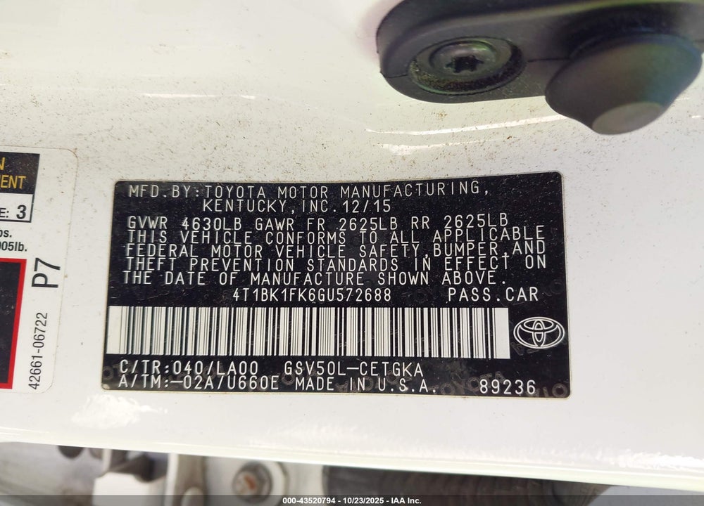 2016 TOYOTA CAMRY XLE V6 VIN: 4T1BK1FK6GU572688
