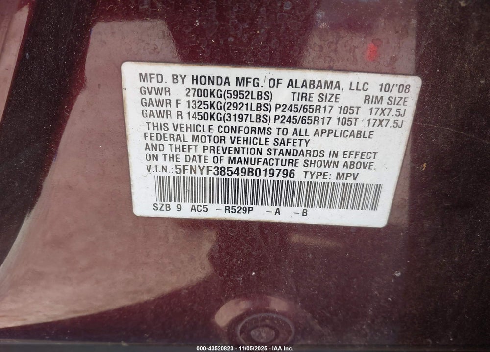 2009 HONDA PILOT EX-L VIN: 5FNYF38549B019796