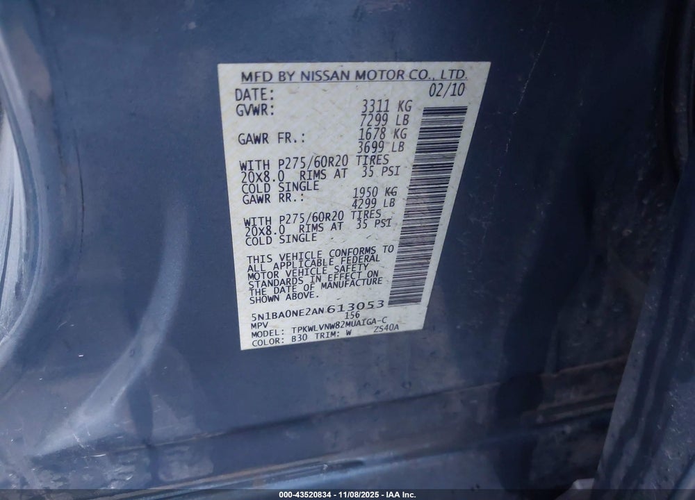 2010 NISSAN ARMADA PLATINUM VIN: 5N1BA0NE2AN613053