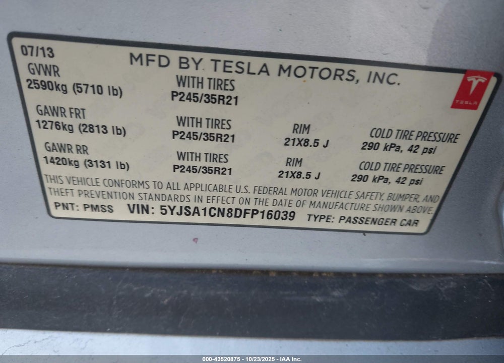 2013 TESLA MODEL S VIN: 5YJSA1CN8DFP16039