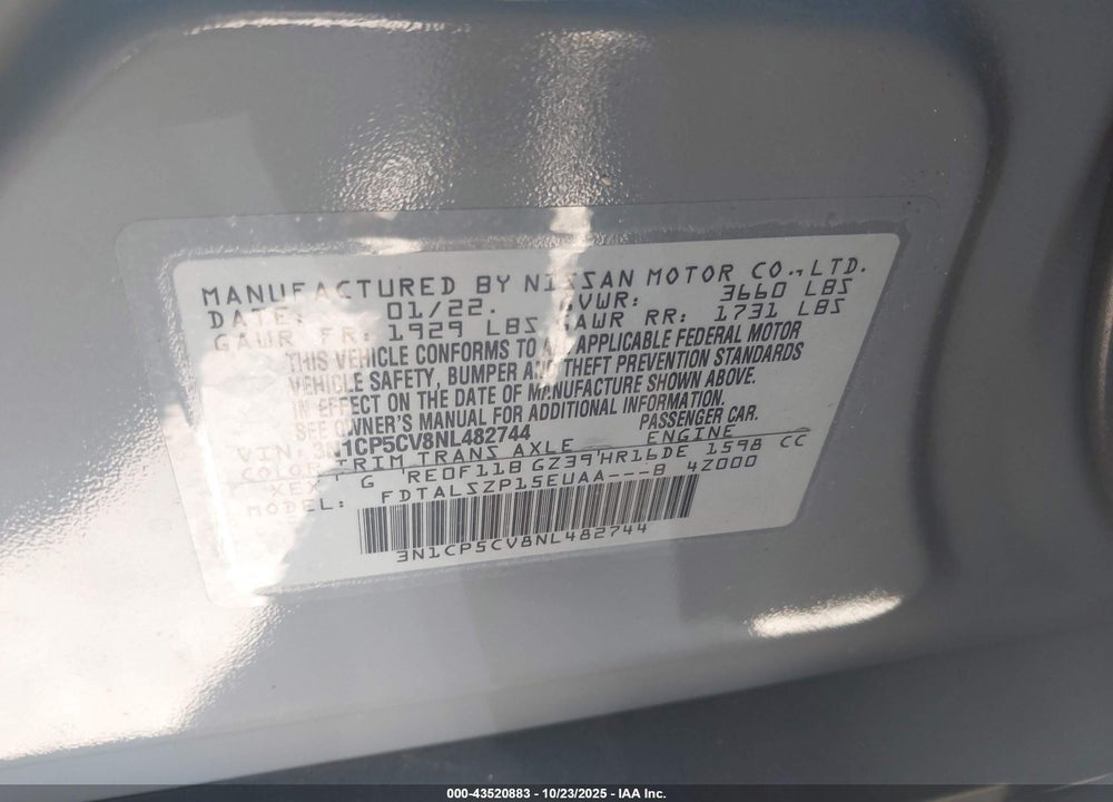 2022 NISSAN KICKS SV XTRONIC CVT VIN: 3N1CP5CV8NL482744