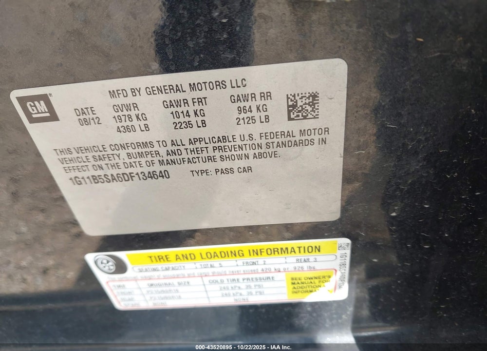 2013 CHEVROLET MALIBU VIN: 1G11B5SA6DF134640