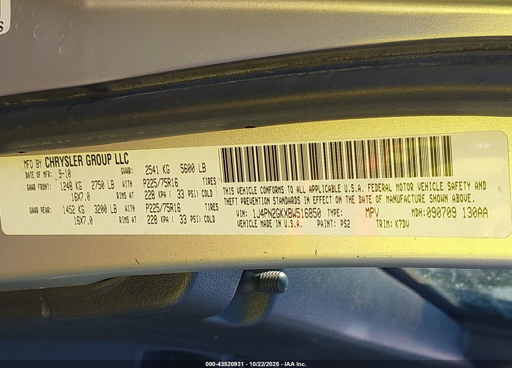 2011 JEEP LIBERTY VIN: 1J4PN2GKXBW516850