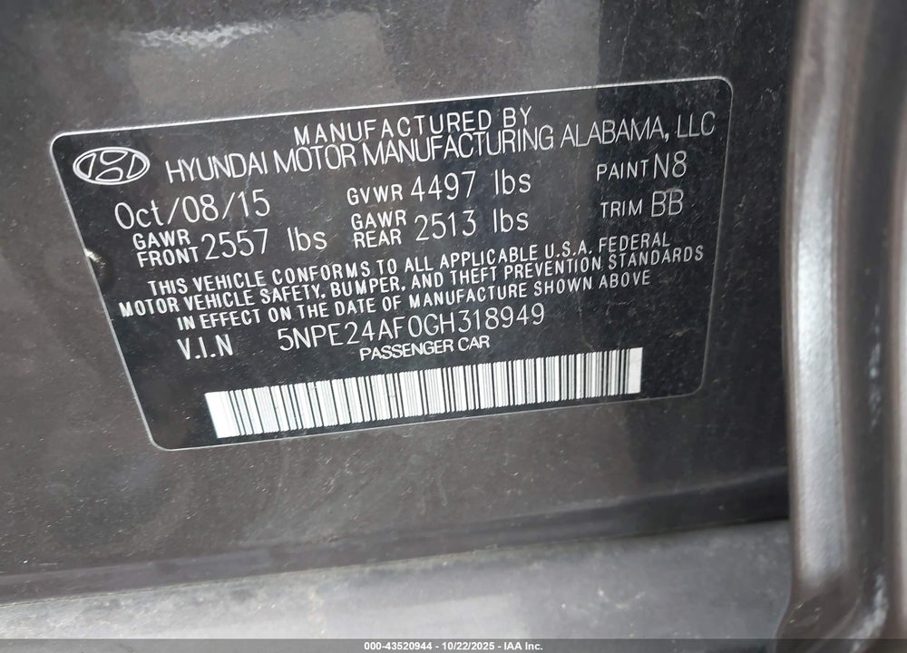 2016 HYUNDAI SONATA VIN: 5NPE24AF0GH318949