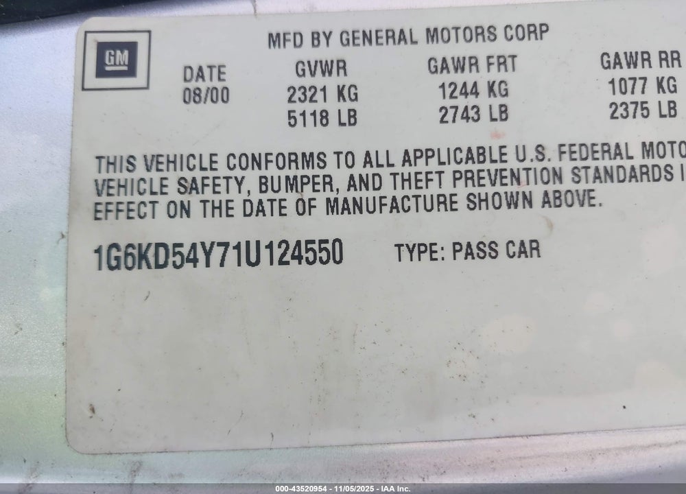 2001 CADILLAC DEVILLE STANDARD W/W20 VIN: 1G6KD54Y71U124550