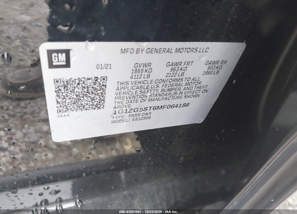 2021 CHEVROLET MALIBU VIN: 1G1ZG5ST6MF064188