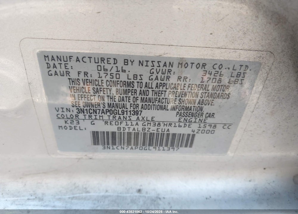 2016 NISSAN VERSA 1.6 SV VIN: 3N1CN7AP0GL911397