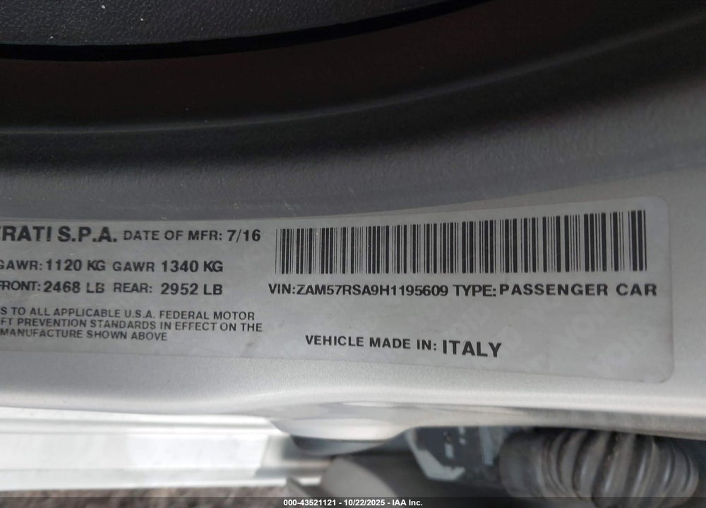 2017 MASERATI GHIBLI S VIN: ZAM57RSA9H1195609