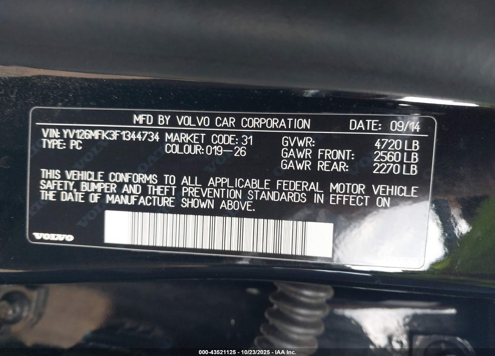 2015 VOLVO S60 VIN: YV126MFK3F1344734