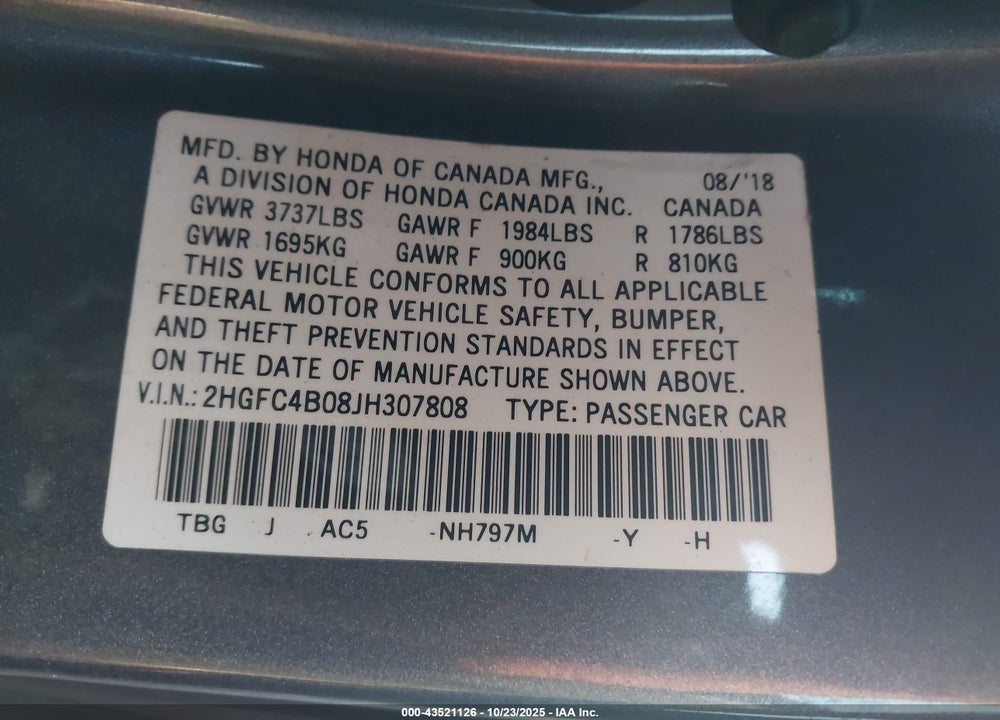 2018 HONDA CIVIC LX-P VIN: 2HGFC4B08JH307808