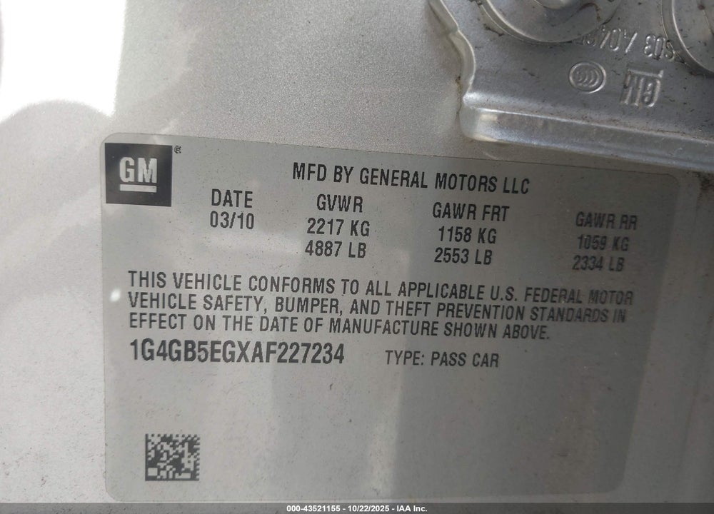 2010 BUICK LACROSSE VIN: 1G4GB5EGXAF227234