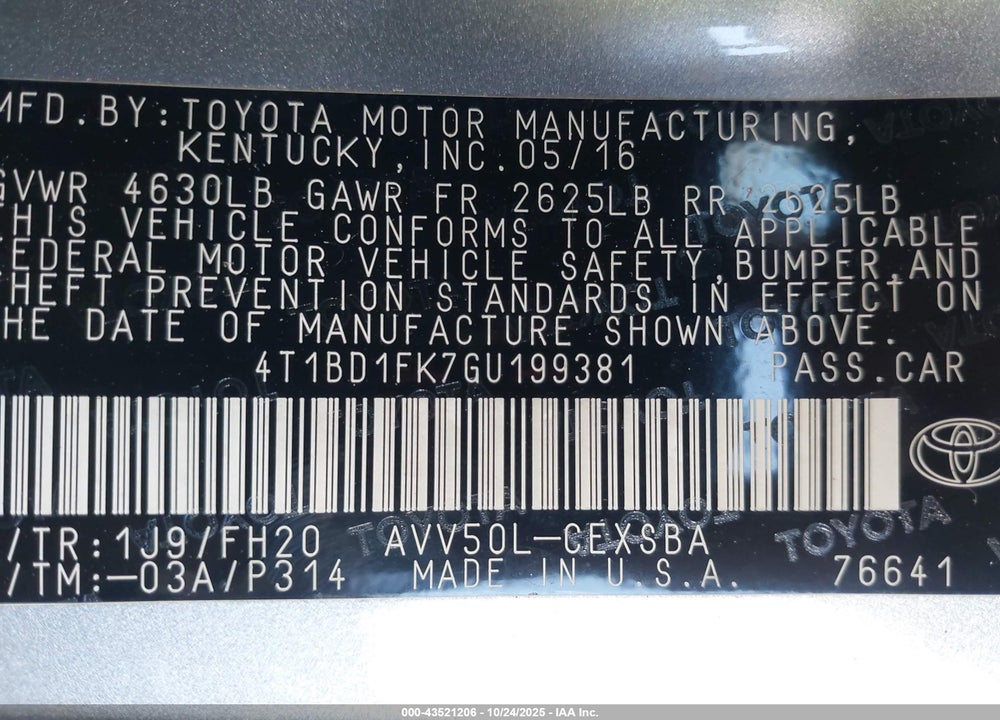 2016 TOYOTA CAMRY HYBRID VIN: 4T1BD1FK7GU199381
