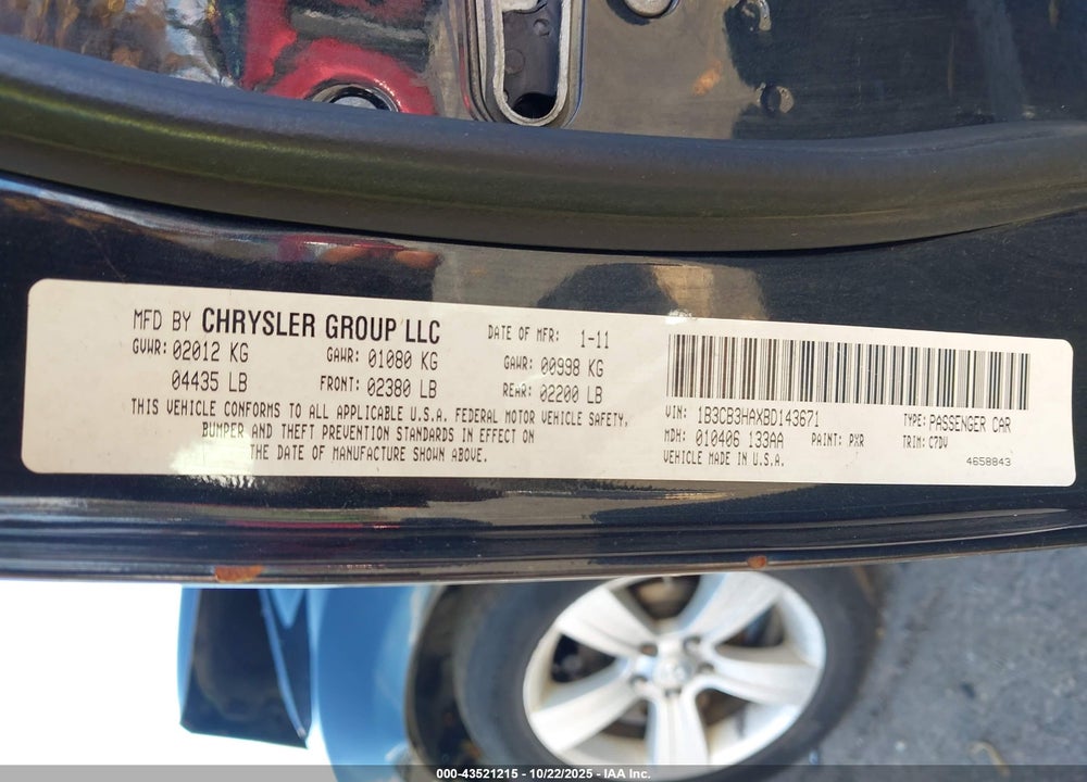 2011 DODGE CALIBER MAINSTREET VIN: 1B3CB3HAXBD143671