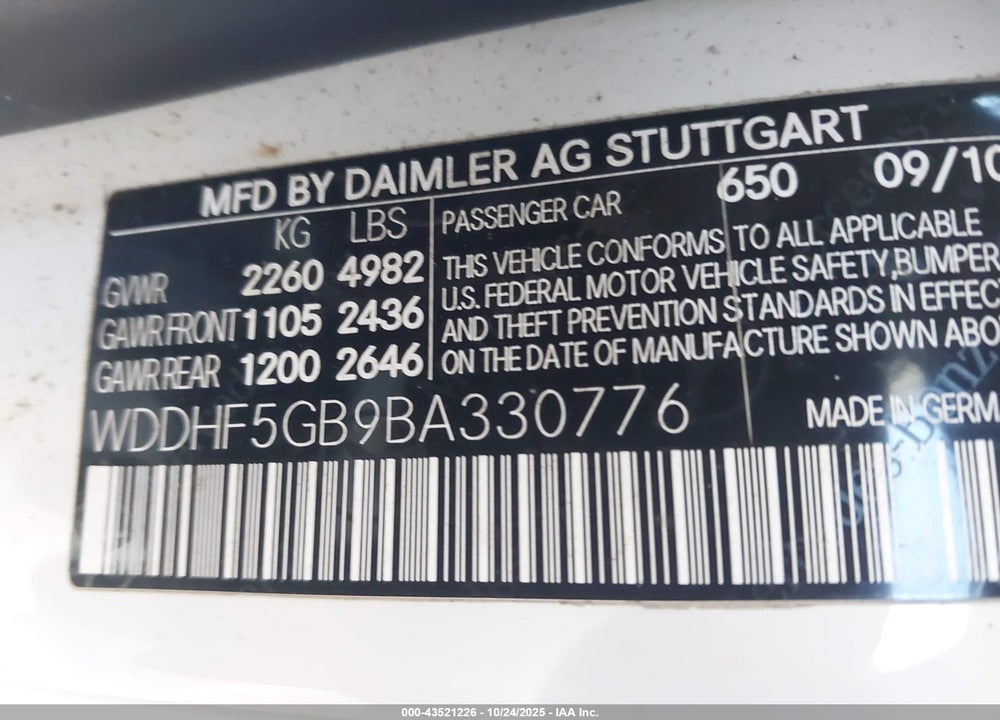 2011 MERCEDES-BENZ E 350 VIN: WDDHF5GB9BA330776
