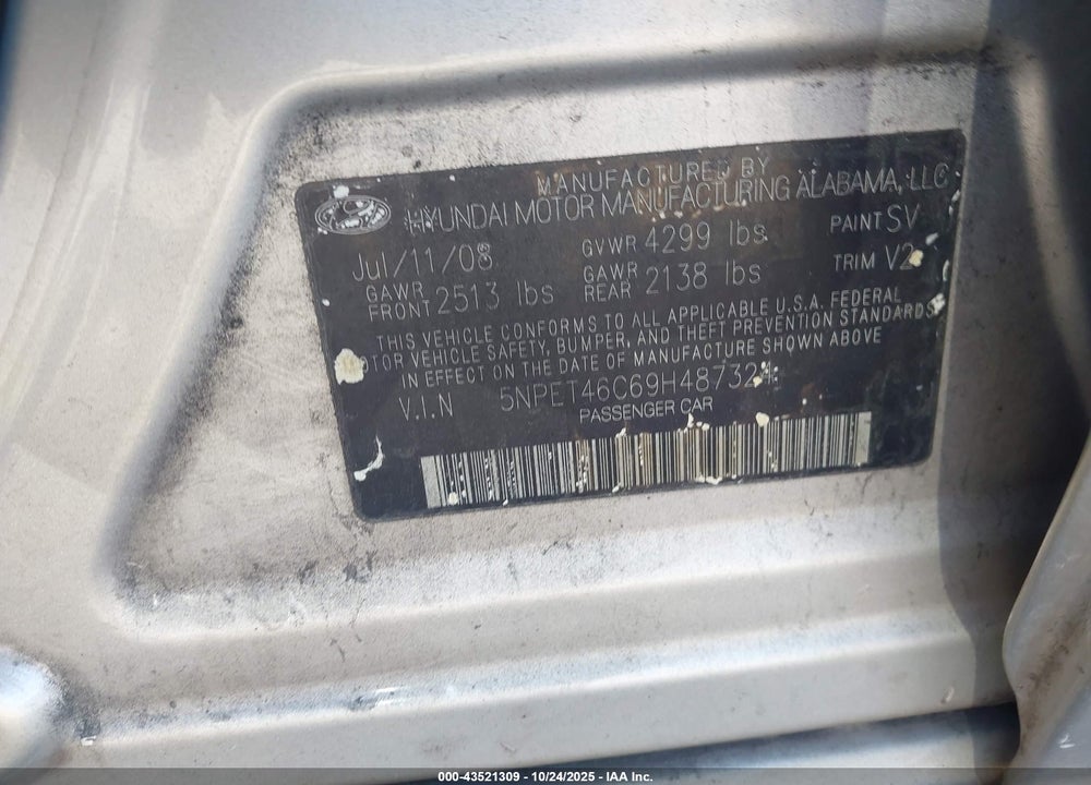 2009 HYUNDAI SONATA VIN: 5NPET46C69H487324