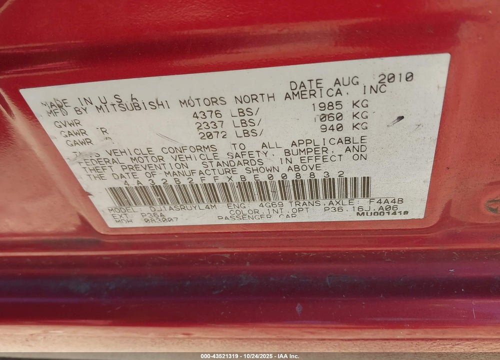 2011 MITSUBISHI GALANT FE VIN: 4A32B2FFXBE008832