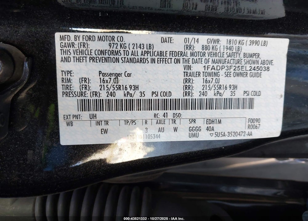 2014 FORD FOCUS VIN: 1FADP3F25EL245038