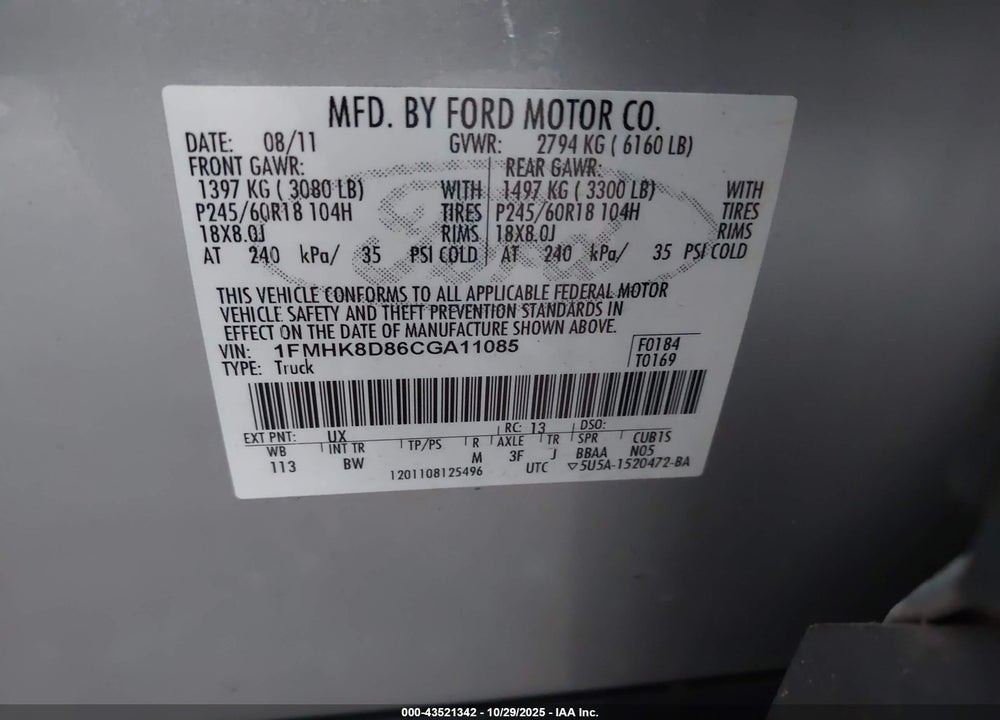2012 FORD EXPLORER XLT VIN: 1FMHK8D86CGA11085