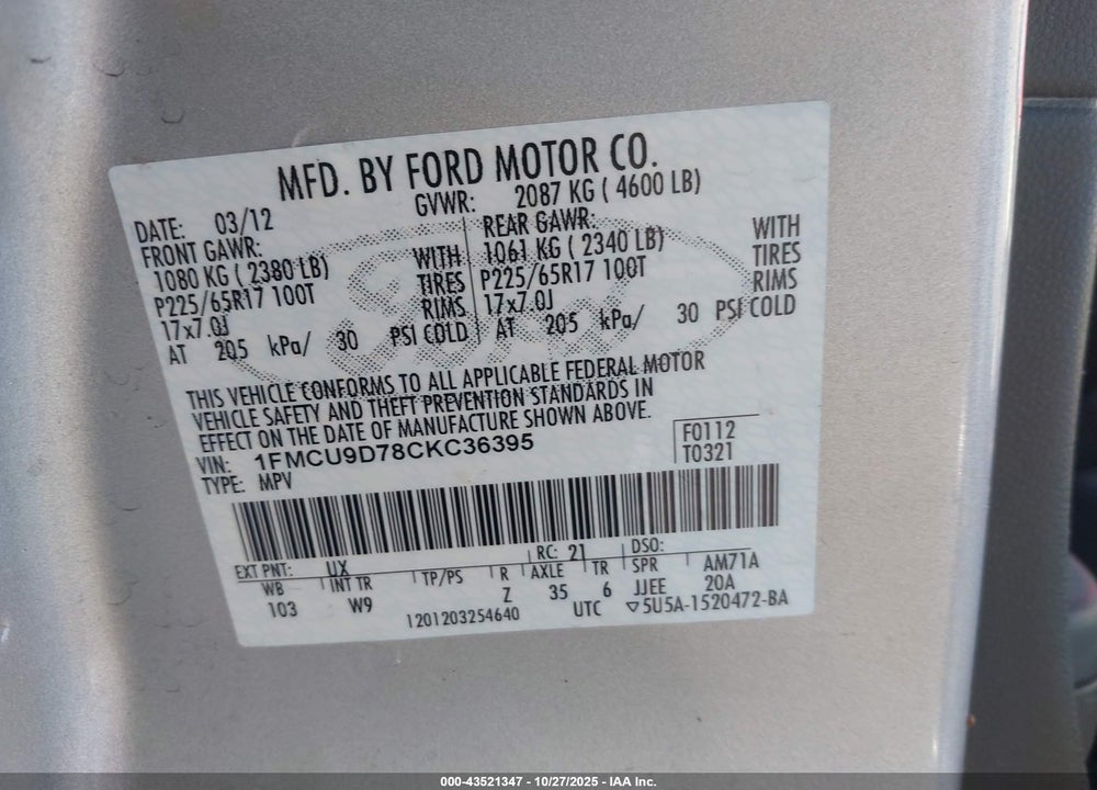 2012 FORD ESCAPE VIN: 1FMCU9D78CKC36395