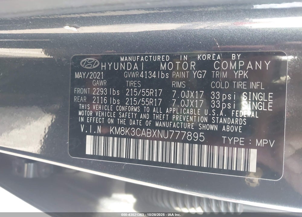 2022 HYUNDAI KONA SEL VIN: KM8K3CABXNU777895