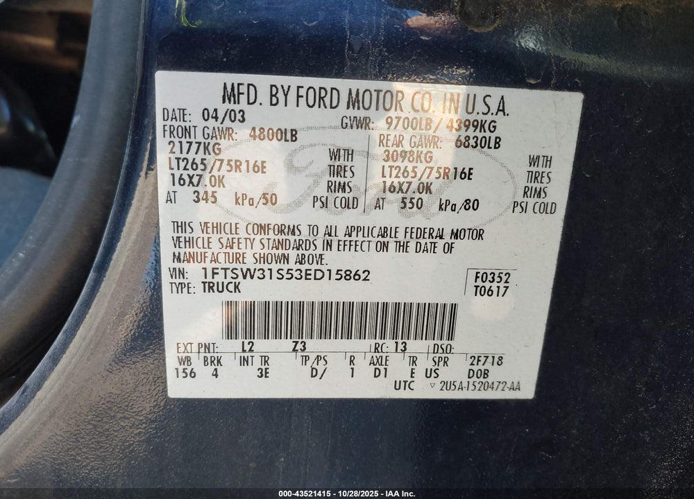 2003 FORD F-350 LARIAT/XL/XLT VIN: 1FTSW31S53ED15862