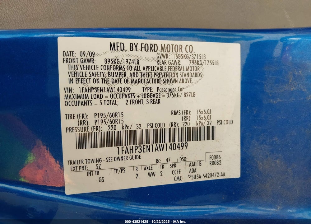 2010 FORD FOCUS VIN: 1FAHP3EN1AW140499