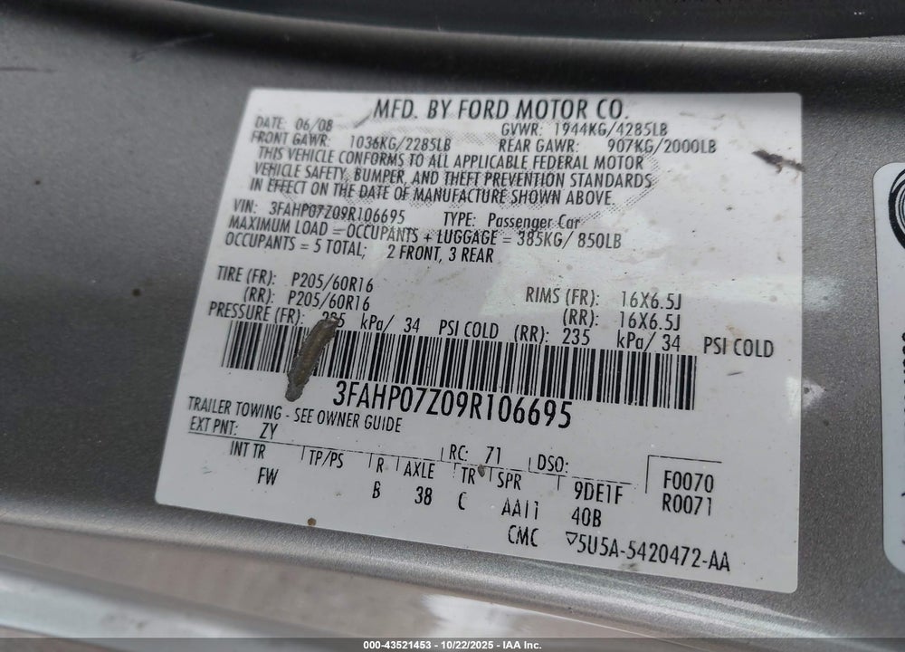 2009 FORD FUSION SE VIN: 3FAHP07Z09R106695