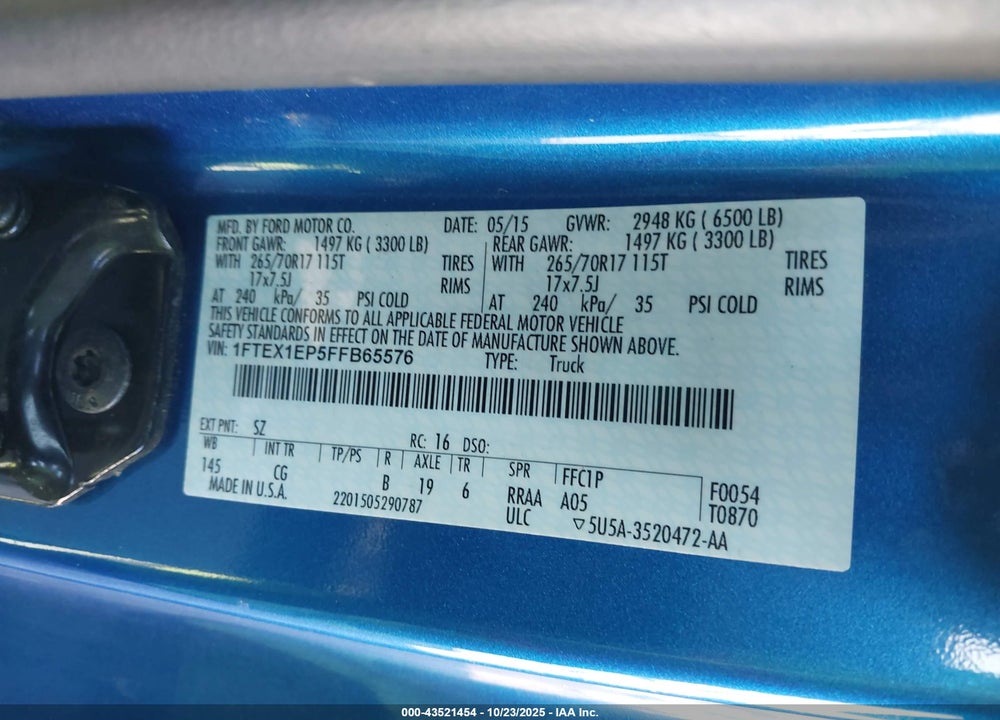2015 FORD F-150 XL VIN: 1FTEX1EP5FFB65576