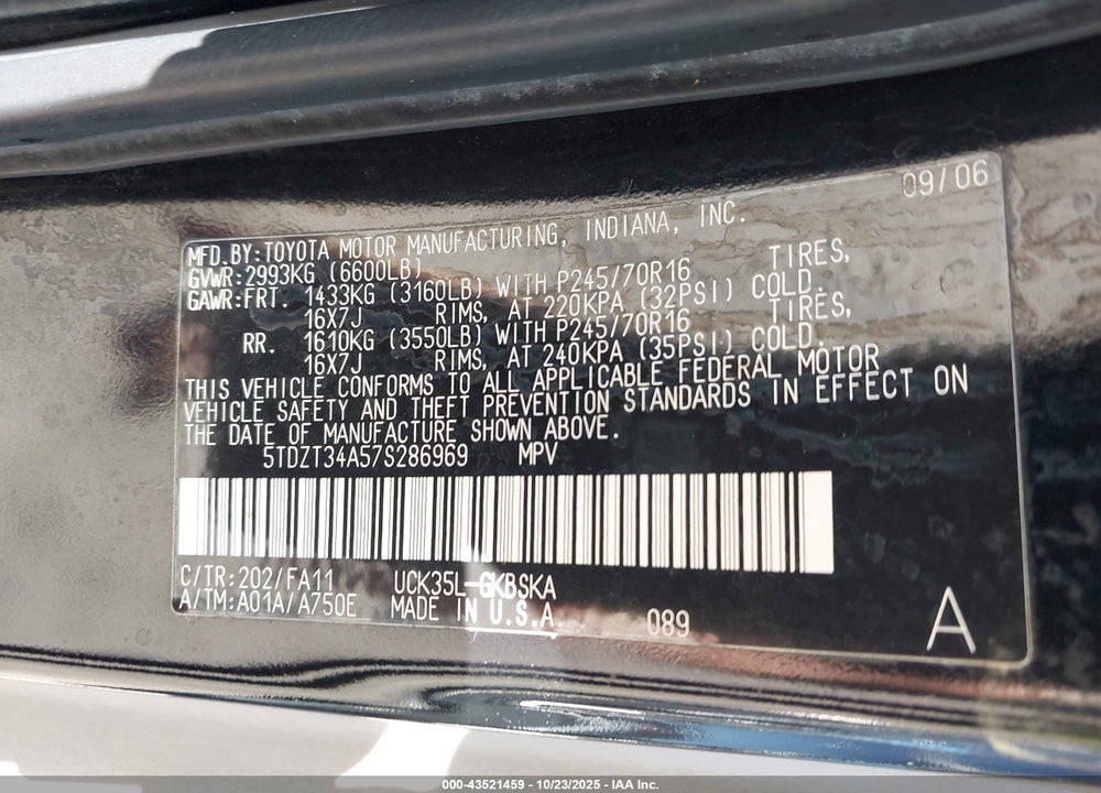 2007 TOYOTA SEQUOIA SR5 V8 VIN: 5TDZT34A57S286969