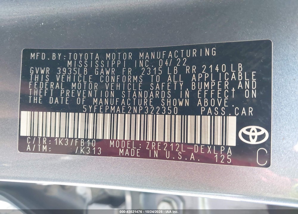 2022 TOYOTA COROLLA LE VIN: 5YFEPMAE2NP322350