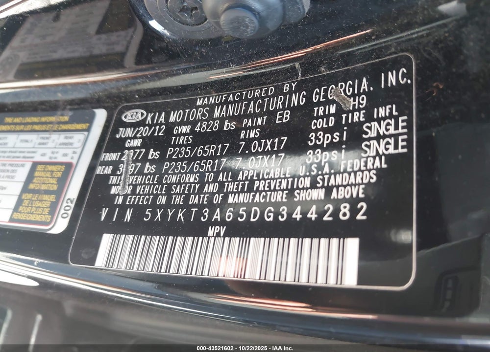 2013 KIA SORENTO LX VIN: 5XYKT3A65DG344282