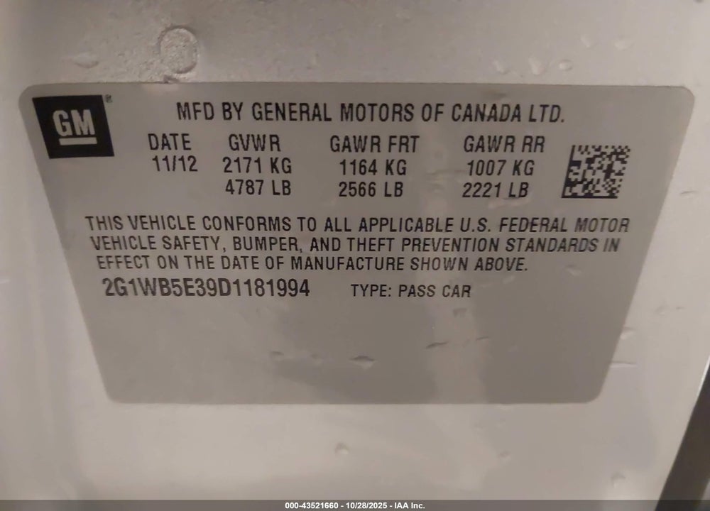 2013 CHEVROLET IMPALA LT VIN: 2G1WB5E39D1181994