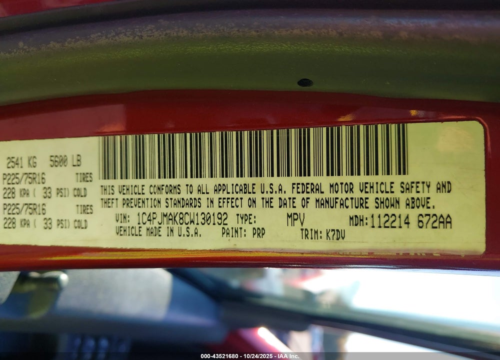2012 JEEP LIBERTY VIN: 1C4PJMAK8CW130192