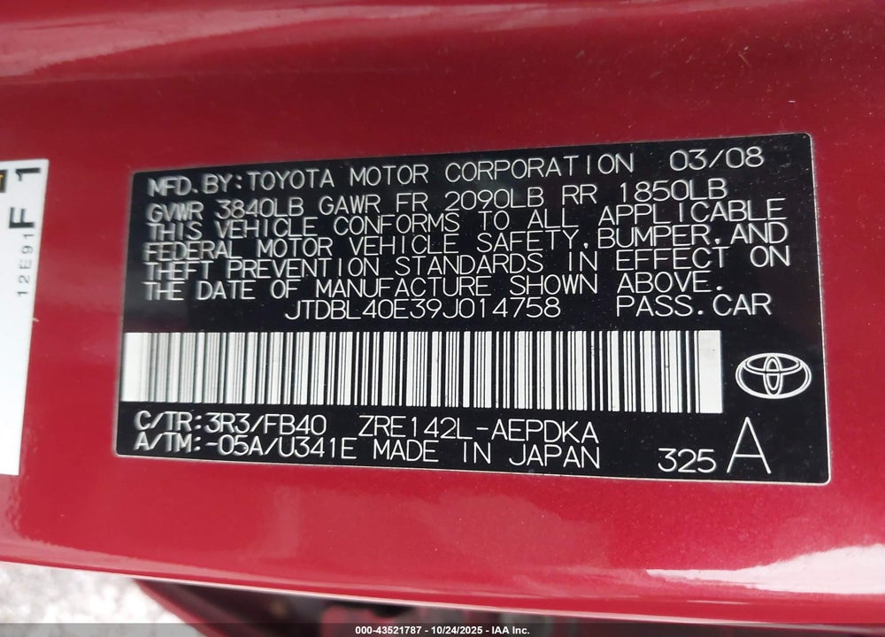 2009 TOYOTA COROLLA VIN: JTDBL40E39J014758