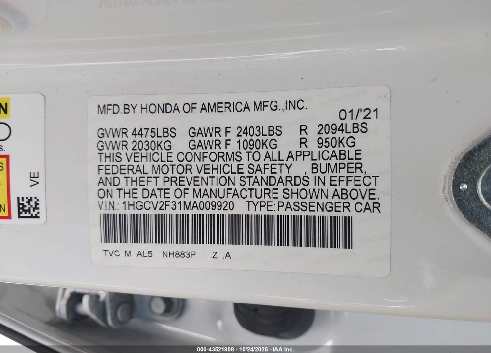 2021 HONDA ACCORD SPORT 2.0T VIN: 1HGCV2F31MA009920