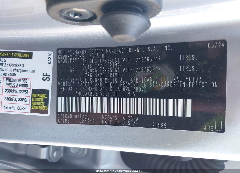 2024 TOYOTA COROLLA CROSS VIN: 7MUCAABG3RV098838