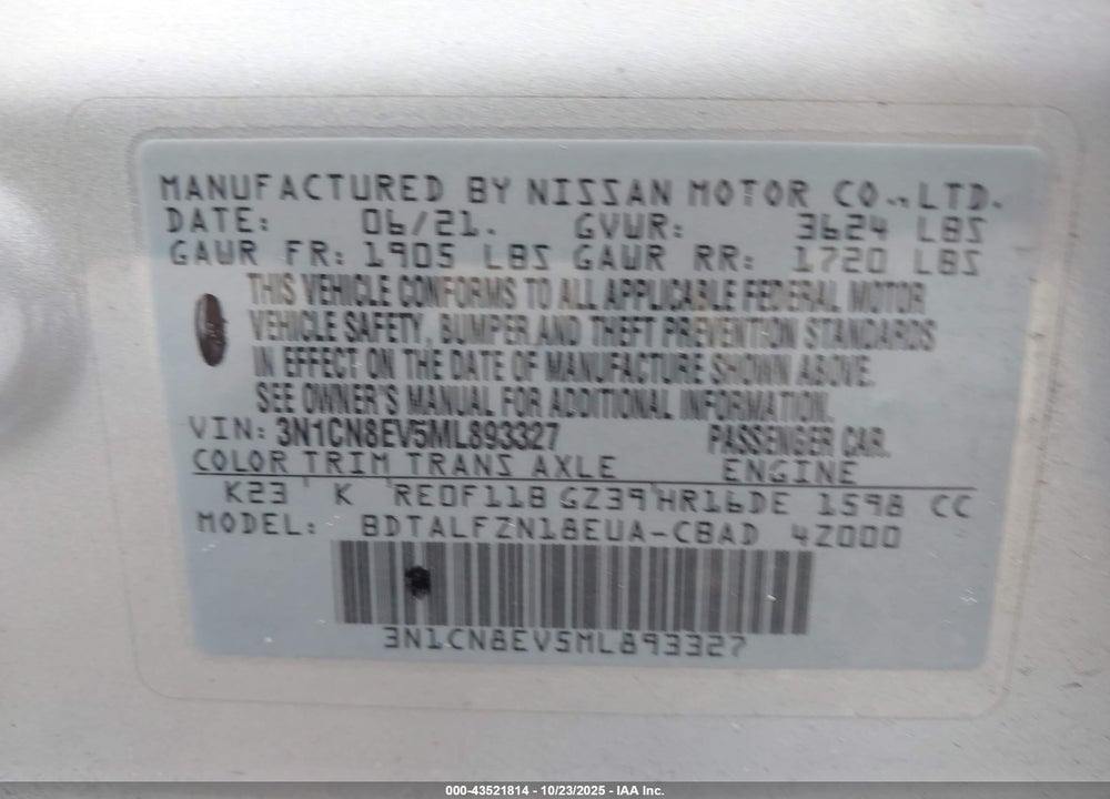 2021 NISSAN VERSA SV XTRONIC CVT VIN: 3N1CN8EV5ML893327