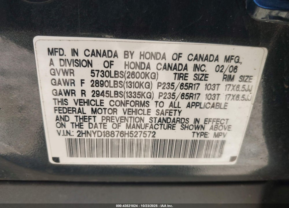2006 ACURA MDX VIN: 2HNYD18876H527572