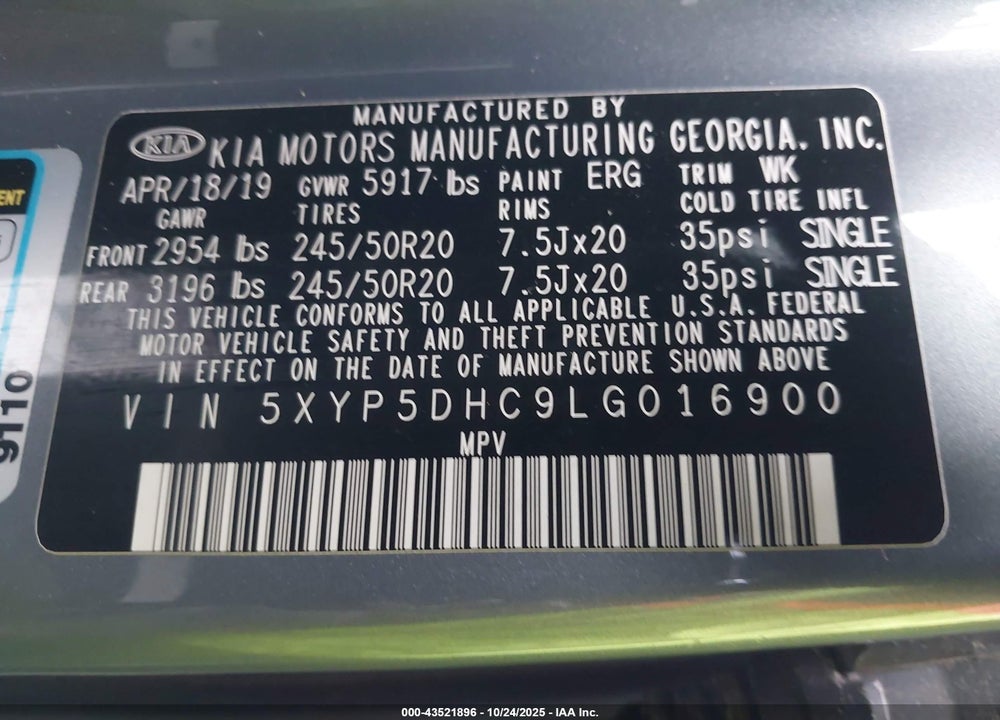 2020 KIA TELLURIDE SX VIN: 5XYP5DHC9LG016900
